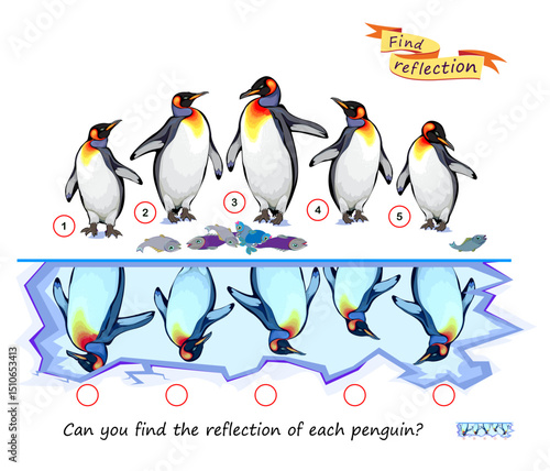 Logic puzzle game for children and adults. Can you find the reflection of each penguin? Brain teaser book. Developing kids spatial thinking. Task for attentiveness. IQ test. Flat vector illustration.