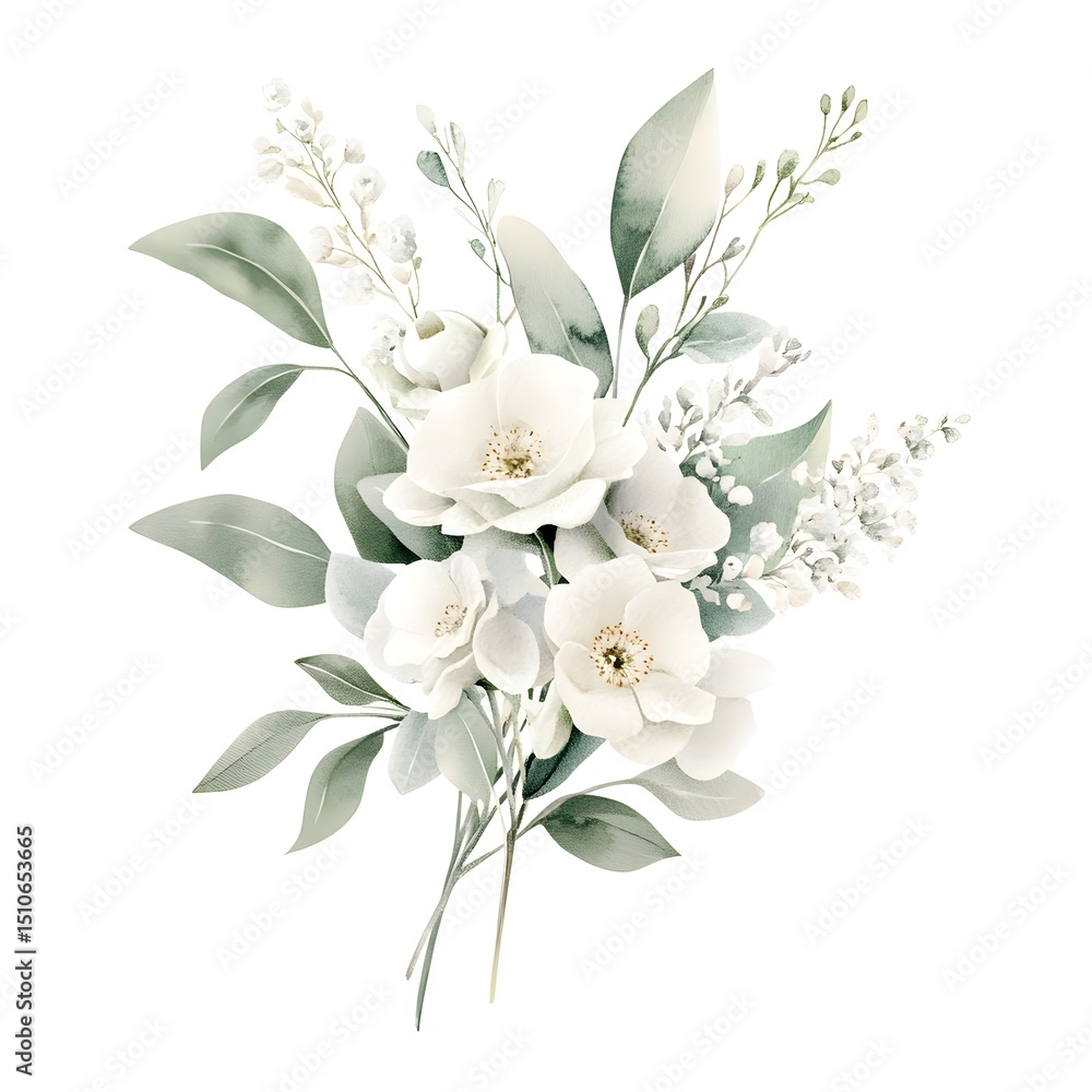 Fototapeta premium Watercolor white peonies, roses, and eucalyptus floral bouquet illustration clipart on a pure, clean background with no shadows or gray stroke lines. White flowers, green leaves,