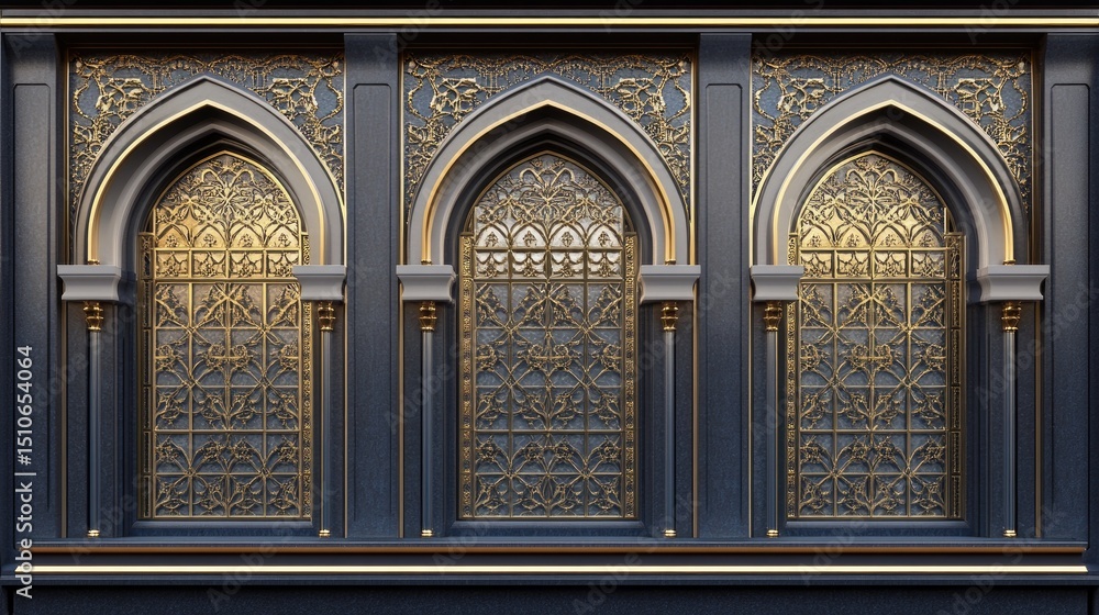 Obraz premium Ornate arched windows with intricate gold detailing on a dark gray facade.