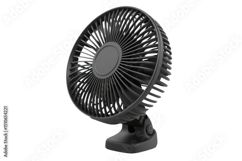 Compact portable black oscillating personal desk fan with adjustable tilt for cooling and air circulation in office or home environments