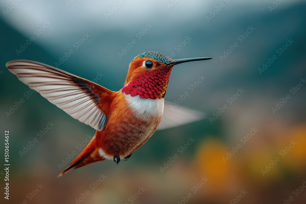 Fototapeta premium Close-up of a hummingbird in motion, wings blurred from rapid flapping.