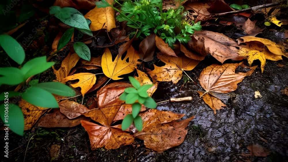 Close up shot of vibrant green plants breaking through fallen leaves, showing new growth in nature and golden colors. Close up shot of vibrant green plants breaking through fallen leaves, showing new growth in nature and golden colors.