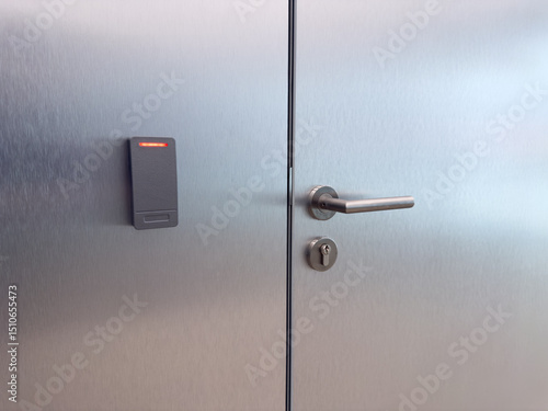 Close up of metal door with handle and electronic card reader. Concept of restricted access, modern security systems, staff area control and building access technology