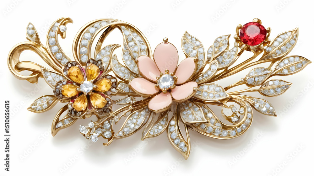 Fototapeta premium intricate kanzashi hair ornament with vintage floral elegance and gemstone accents, isolated on transparent background