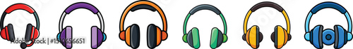 Headphone icon set showcasing audio headset symbols, music listening vector icons, stereo equipment, earphone illustrations for technology and sound themes