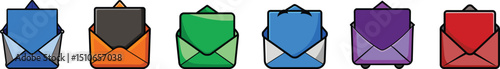 Mail icon set including envelope and email symbols, vector illustrations for messages, communication, digital correspondence and postal design