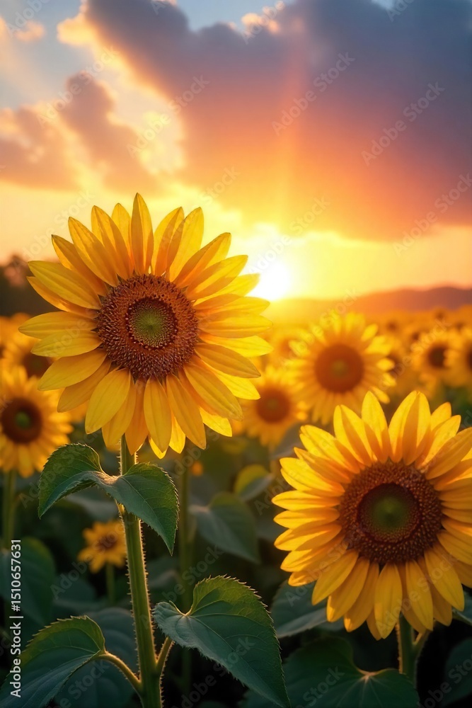 Obraz premium Vibrant sunflowers bask in the warm glow of a breathtaking sunrise, their faces turned towards the golden light A picturesque scene of nature's beauty at its finest , serenity, leaves