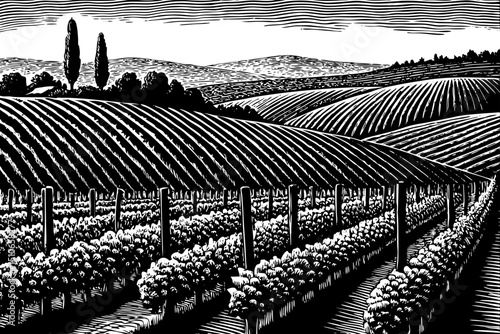 Vineyards landscapes sketched abstract digital illustration black and white hand drawn outline