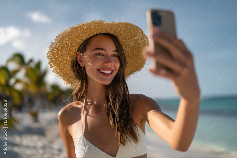 Fototapeta premium Female influencer taking a selfie on a tropical beach, enjoying vacation, social media content creation.