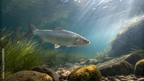 Realistic Silver Carp Swimming Near Riverbank in Freshwater HabitatRealistic Silver Carp Swimming Near Riverbank in Freshwater Habitat
