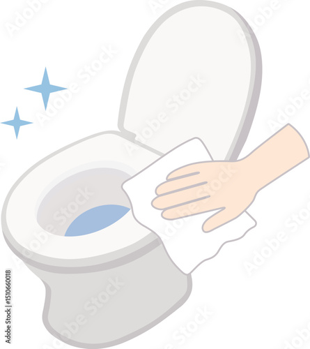 Clean toilet being wiped with cloth, showcasing hygiene and cleanliness. sparkling effect emphasizes freshness and sanitation