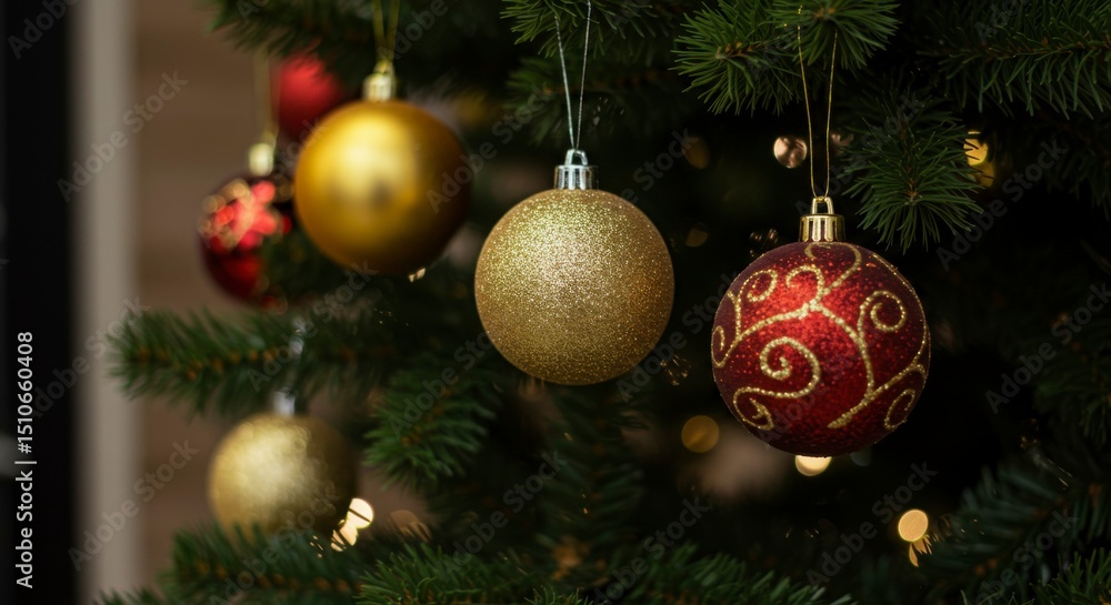 Ornate glass baubles in red and gold adorn a lush evergreen Christmas tree, illuminated by warm, soft lights Ornate glass baubles in red and gold adorn a lush evergreen Christmas tree, illuminated by warm, soft lights