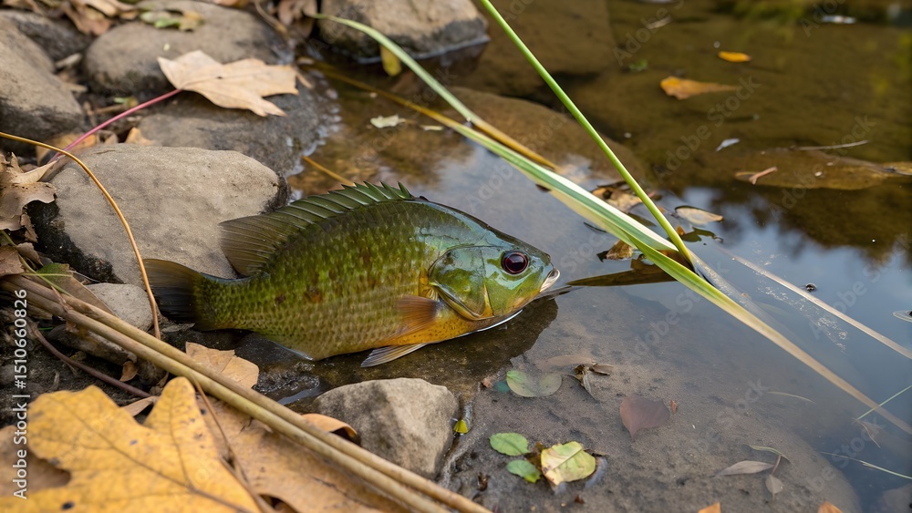Fototapeta premium Green Sunfish Hiding Among Reeds in Shallow Freshwater Lake