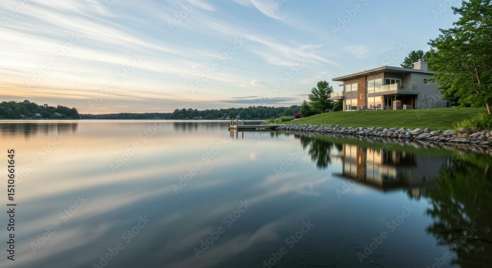 Serene lakeside house with modern design, reflecting in calm water at sunrise Serene lakeside house with modern design, reflecting in calm water at sunrise