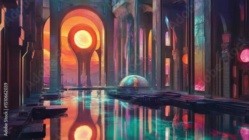 other worldly sci-fi fantasy futuristic sanctuary with circle light glowing reflecting on water surface