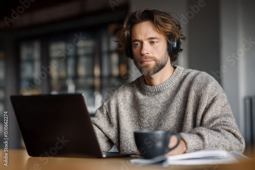 Wallpaper Mural Caucasian man with headphones holding mug while working on laptop at home Torontodigital.ca