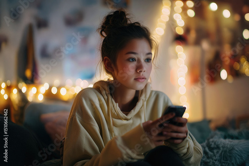 Wallpaper Mural Asian teenage girl using smartphone on bed with cozy lights at night Torontodigital.ca