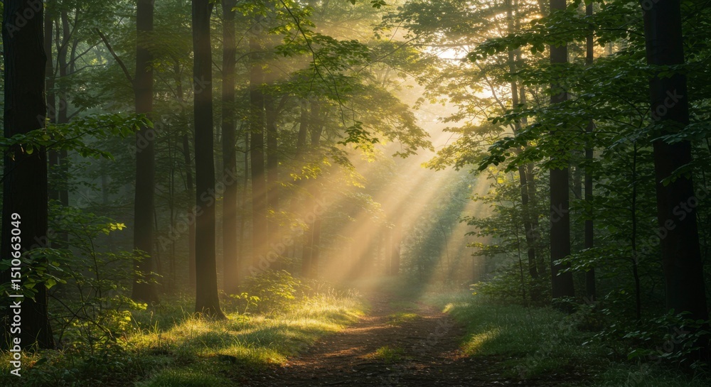 Fototapeta premium Sunbeams pierce a misty forest, illuminating a path through lush green foliage and tall trees