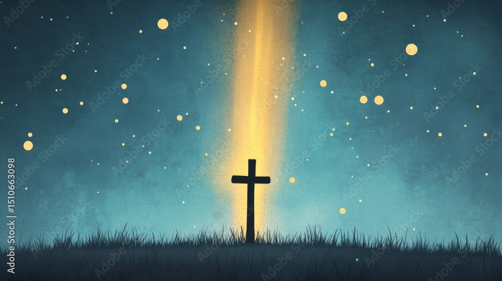 Fototapeta premium Ethereal Cross Silhouette, a Christian cross stands against a dark sky, vibrant yellow light beams down, glowing highlights enhance its presence.