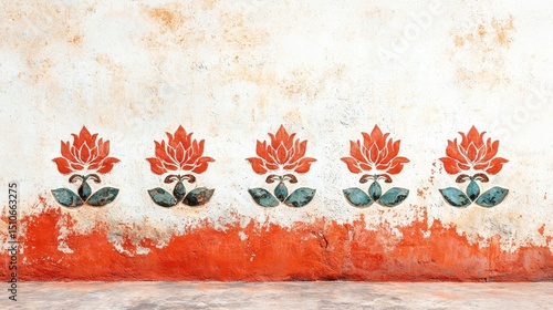 Five red lotus flower stencils are painted in a row on a weathered, textured white and orange wall.