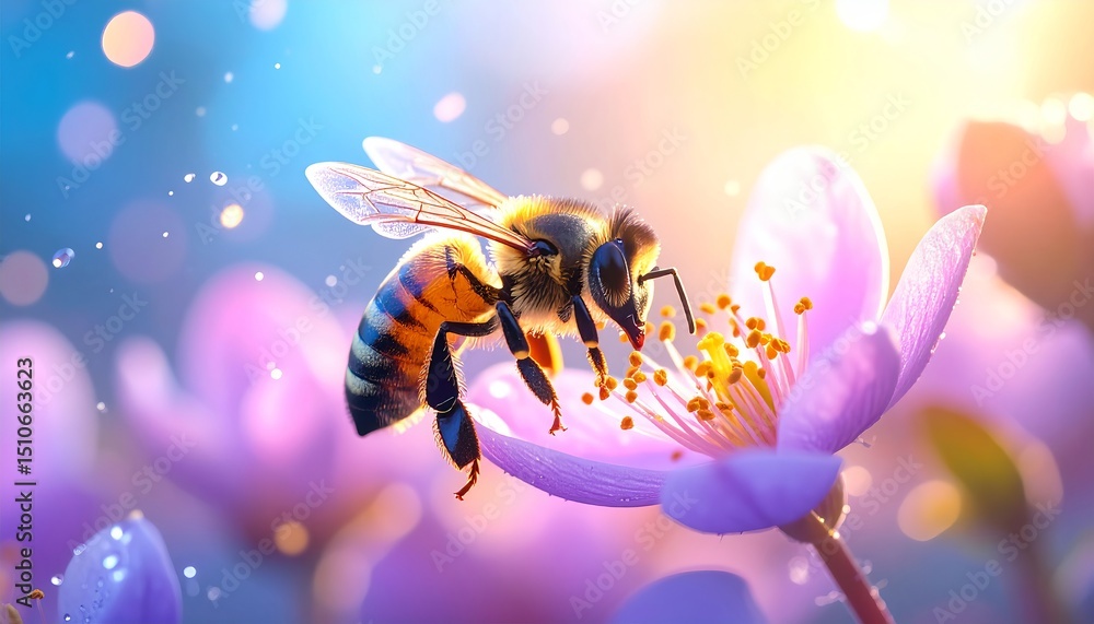 Naklejka premium Fantasy Bee on Flower with Colorful Background