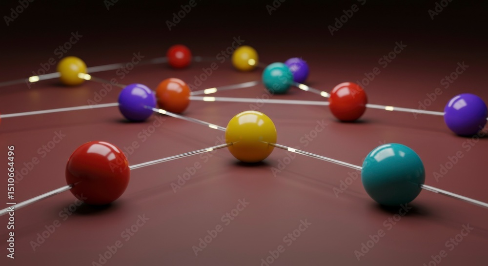 Obraz premium A network of colorful spheres connected by glowing lines against a dark red backdrop, resembling a complex diagram