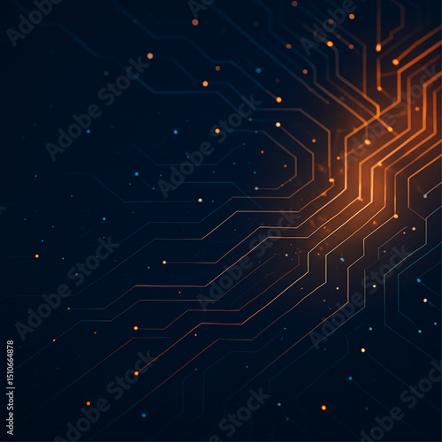 Futuristic digital technology background with glowing circuit lines and neon light particles, abstract data network pattern in dark blue and orange tones, high-tech innovation concept illustration.