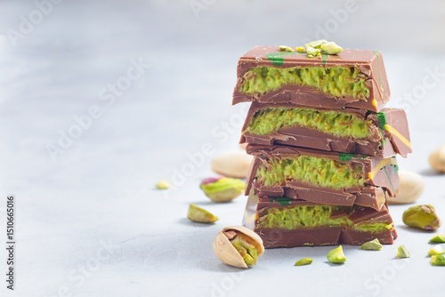 Stack of chocolate bars with pistachio and kadaifi filing, horizontal copy space