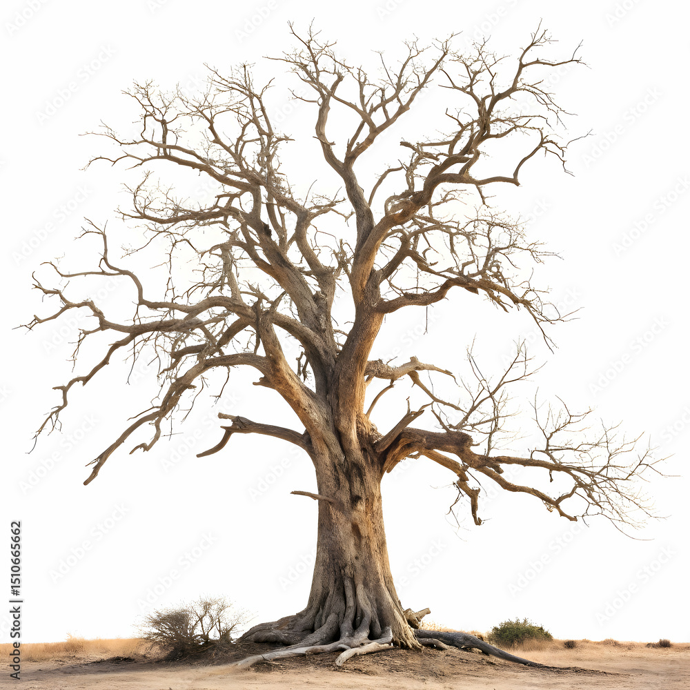 Fototapeta premium twisted ancient tree with sprawling branches like veins, isolated on white background