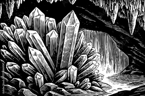View of Glass crystals engraving . Manganese quartz rock minerals fragments, stalagmites cobblestones stalactites gemstones, monochrome black and white hand drawn outline