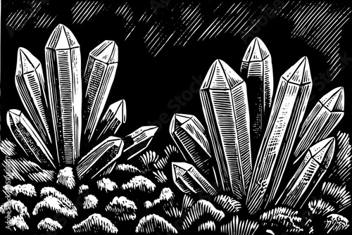 View of Glass crystals engraving . Manganese quartz rock minerals fragments, stalagmites cobblestones stalactites gemstones, monochrome black and white hand drawn outline