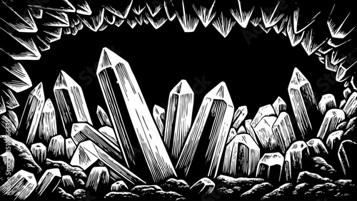 View of Glass crystals engraving . Manganese quartz rock minerals fragments, stalagmites cobblestones stalactites gemstones, monochrome black and white hand drawn outline