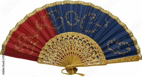 A vibrant, decorative folding fan, showcasing red and blue sections with intricate golden designs, detailed with elegant wood