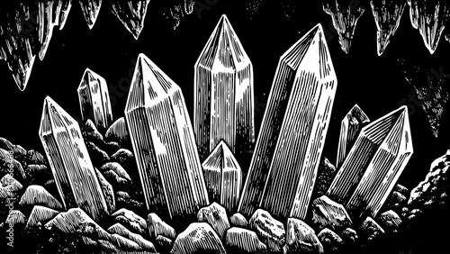 View of Glass crystals engraving . Manganese quartz rock minerals fragments, stalagmites cobblestones stalactites gemstones, monochrome black and white hand drawn outline