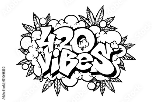 Wallpaper Mural  A visually striking graphic captures a vibrant declaration with the message "420 VIBES", incorporating the iconic imagery of cannabis leaves and fluffy cloud. Torontodigital.ca