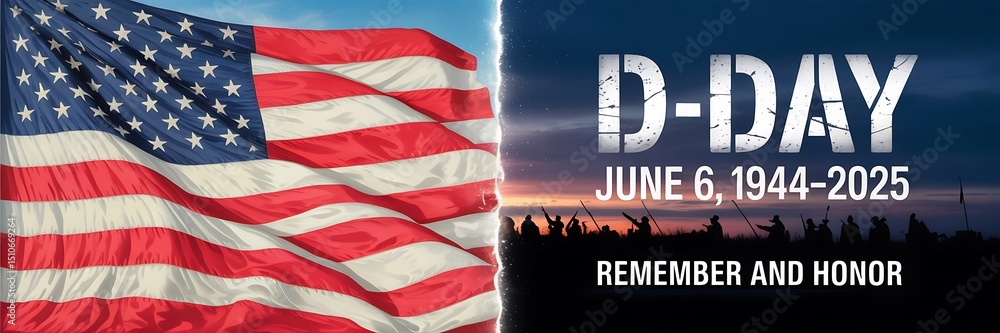 Obraz premium D day remembrance banner featuring american flag and silhouettes of soldiers honoring the day