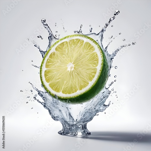 Fresh lime slice creates splash in water showcasing vibrant colors and refreshing essence in a clean setting