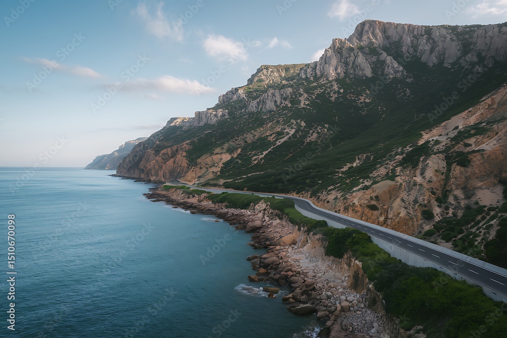 Fototapeta premium Coastal road winding along the rocky cliffs of a mountain range by the sea under a blue sky, offering a scenic view of nature's beauty and a tranquil escape