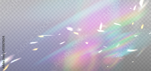 Rainbow reflection light prism effect with white sparks on light background. Hologram glass dispersion, crystal flare leak shadow overlay. Vector transparent illustration