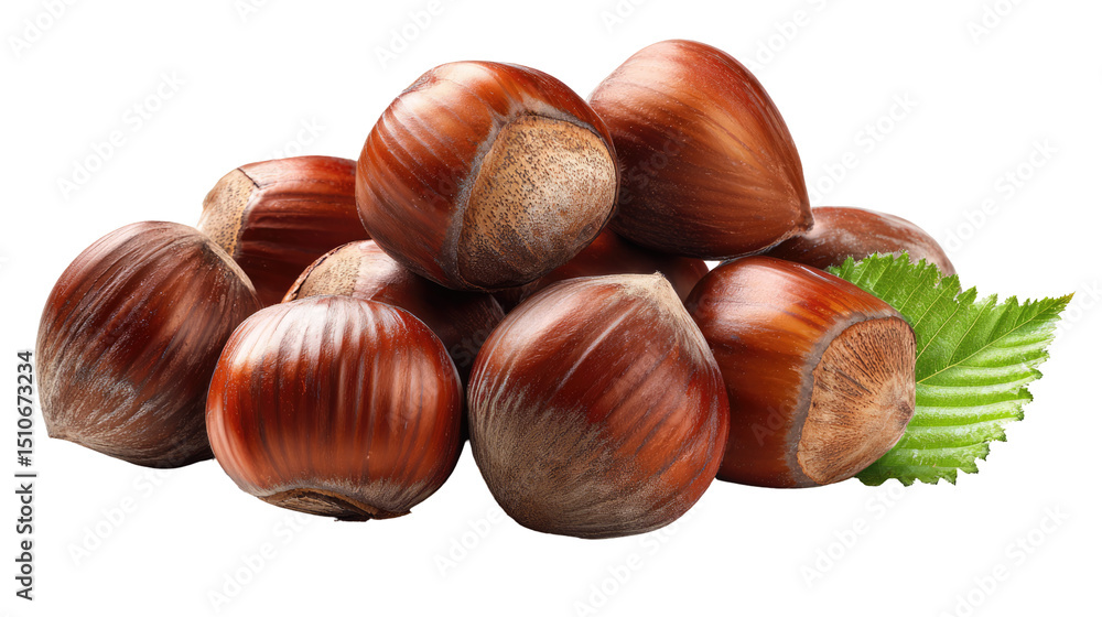 Fresh hazelnuts with glossy shells arranged aesthetically on transparent background
Fresh hazelnuts with glossy shells arranged aesthetically on transparent background
