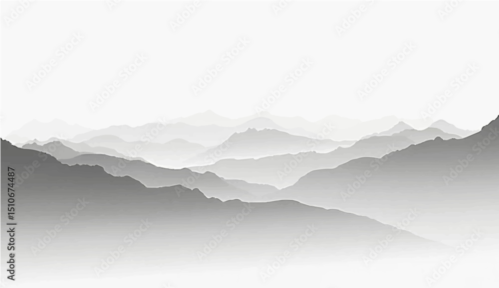 Obraz premium abstract a minimalist vector illustration of layered mountain ranges in grayscale. The design should feature soft gradients and overlapping silhouettes to convey depth, with the closest mountains 