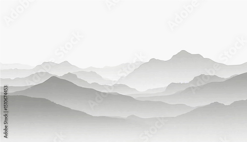 abstract a minimalist vector illustration of layered mountain ranges in grayscale. The design should feature soft gradients and overlapping silhouettes to convey depth, with the closest mountains 