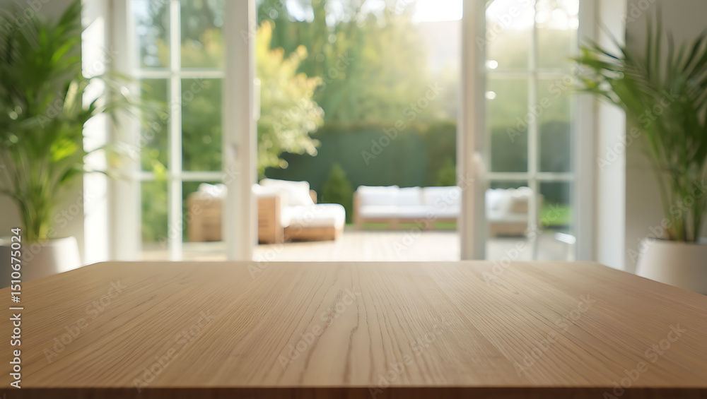 Fototapeta premium Empty Wooden Tabletop With Blurred Background Of Patio And Garden View