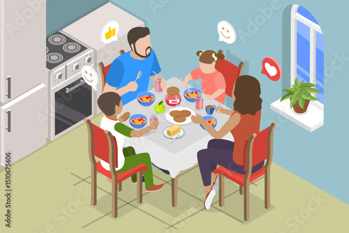 3D Isometric Flat Vector Illustration of Breakfast Together, Joyful Family Sharing Mealtime the Comfort Of Their Home