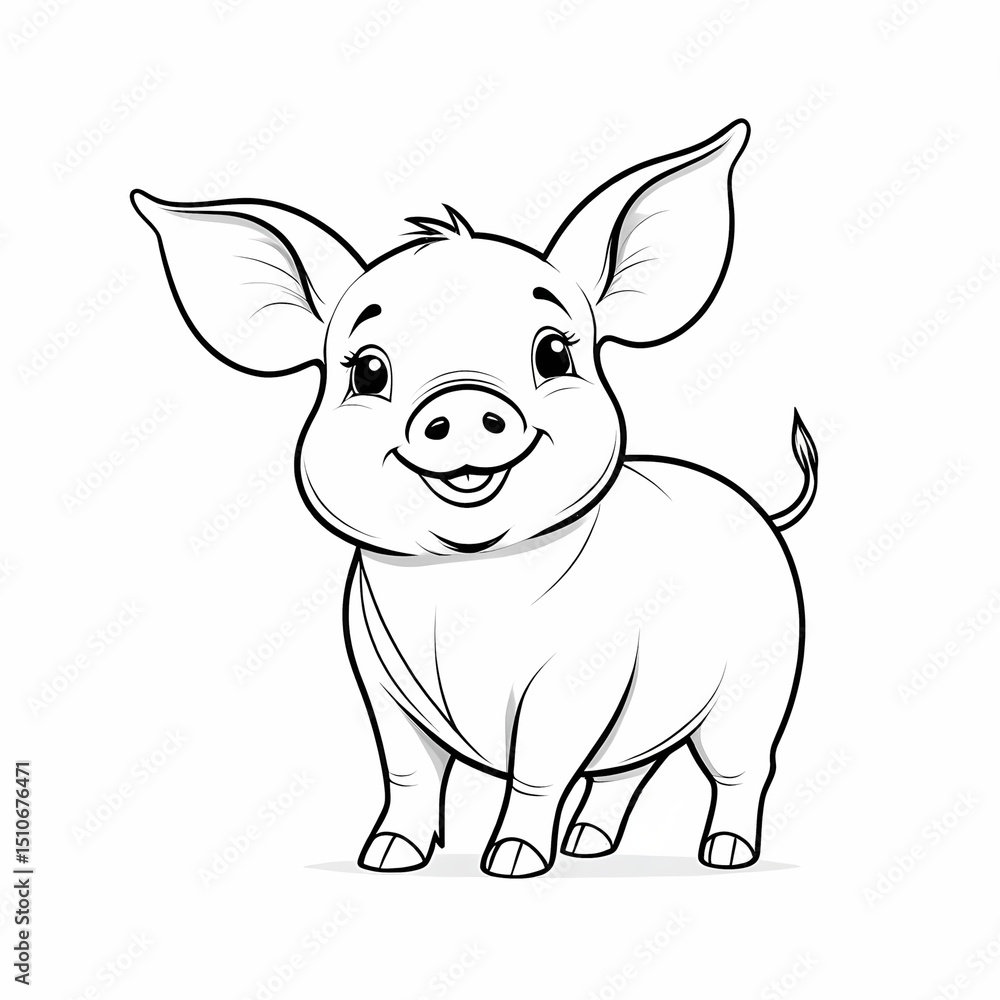 Naklejka premium Black and white linear piglet drawing, children's coloring book
