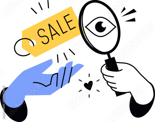 Sale promotion discount offer marketing retail shopping price tag hand magnifier illustration deal vector art illustration
