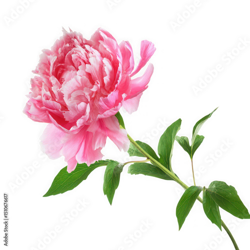 Fototapeta Naklejka Na Ścianę i Meble -  Beautiful pink peony flower with green stem and leaves isolated on transparent background, png