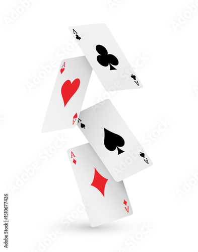 Vector falling four playing poker cards - four aces, diamonds, spades, clubs and hearts on transparent background