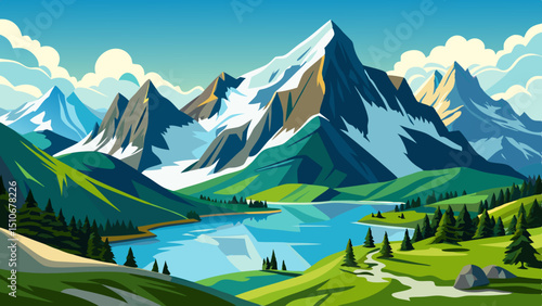 mountain landscape with lake and mountains