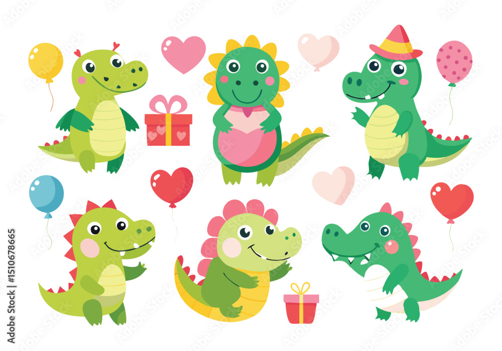 Fototapeta premium Adorable Cartoon Crocodiles Birthday Party Set